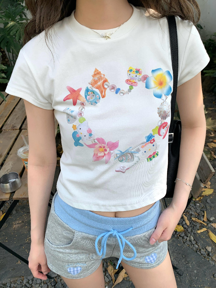 Korean Style Kitty Collar Printed Short Slim-Fit Cotton Short Sleeve Top for Sweet Girls Korean Style Kitty Collar Printed Short Slim-Fit Cotton Short Sleeve Top for Sweet Girls