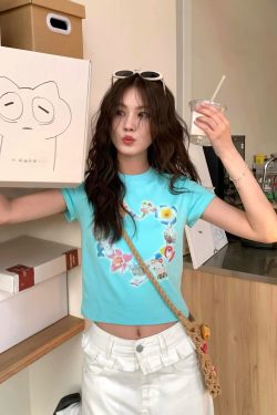 Korean Style Kitty Collar Printed Short Slim-Fit Cotton Short Sleeve Top for Sweet Girls