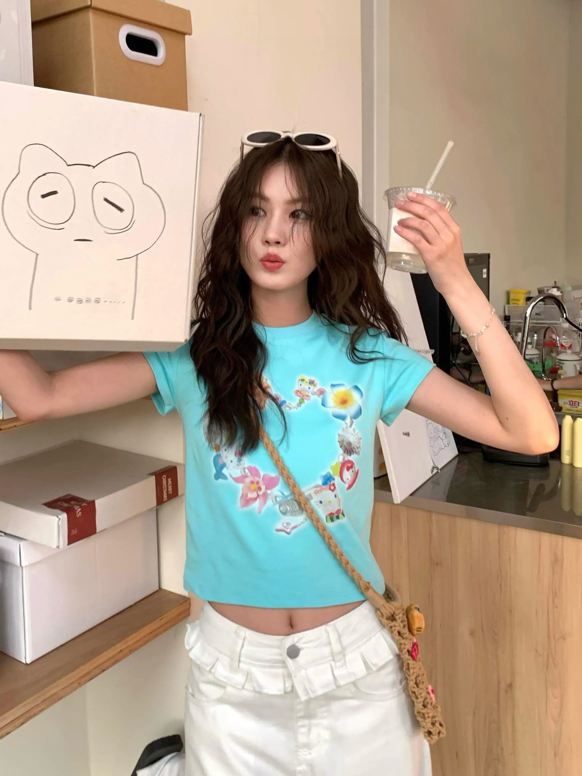 Korean Style Kitty Collar Printed Short Slim-Fit Cotton Short Sleeve Top for Sweet Girls Korean Style Kitty Collar Printed Short Slim-Fit Cotton Short Sleeve Top for Sweet Girls