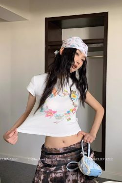 Korean Style Kitty Collar Printed Short Slim-Fit Cotton Short Sleeve Top for Sweet Girls