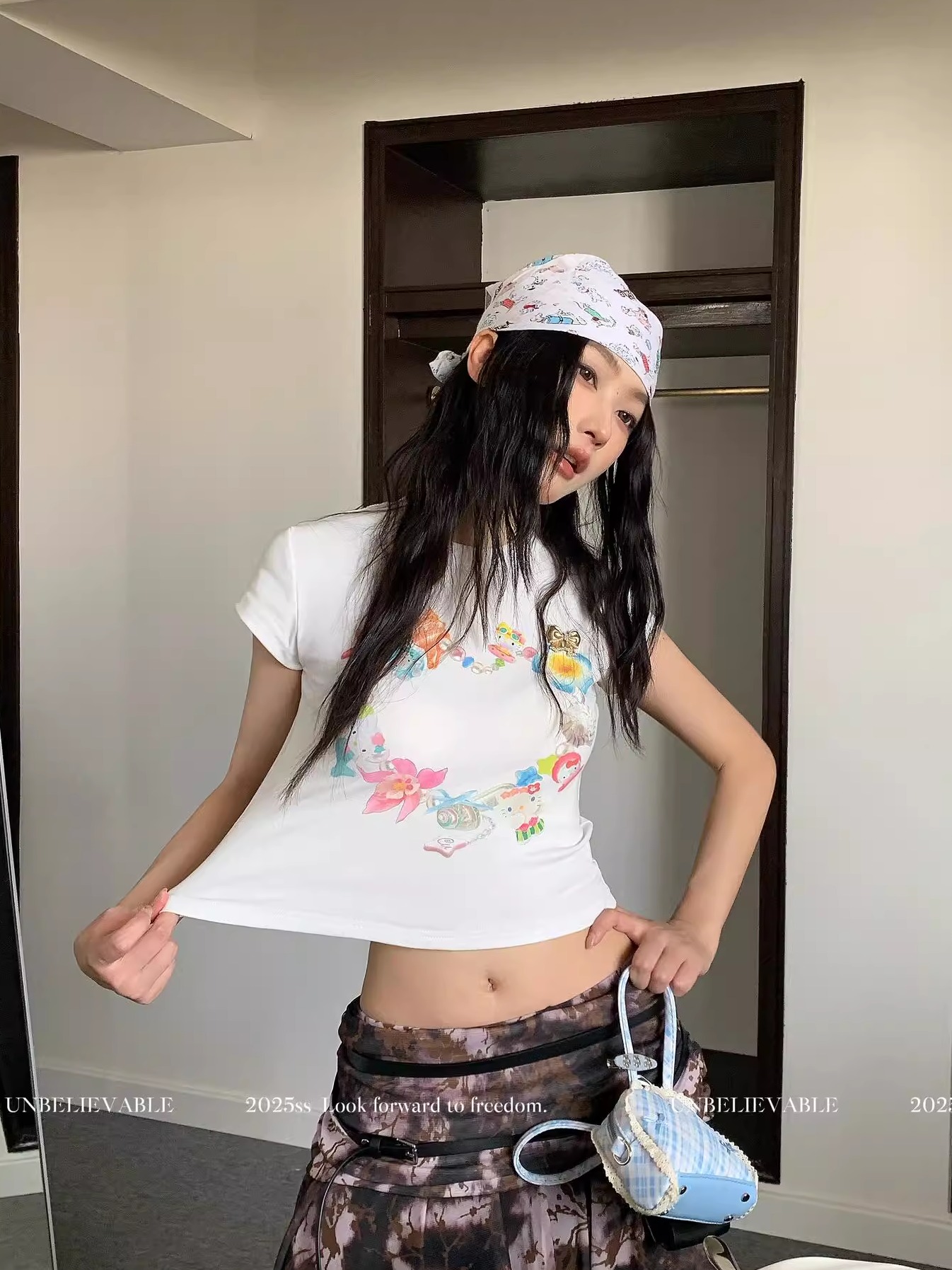 Korean Style Kitty Collar Printed Short Slim-Fit Cotton Short Sleeve Top for Sweet Girls Korean Style Kitty Collar Printed Short Slim-Fit Cotton Short Sleeve Top for Sweet Girls