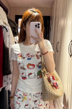 Korean Style Kitty Paradise Printed Short Sleeve Top - Fitted Slim Pure Cotton High-Stretch Sweet Girl Tee