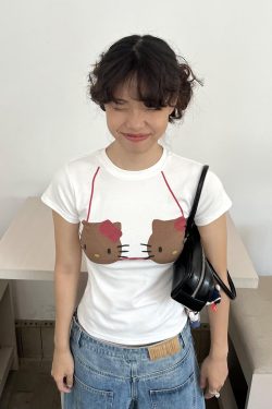 Korean Style Kitty-Themed Printed Short Sleeve Slim-Fit Cotton Top for Women - Sweet and Cool Age-Reducing Design