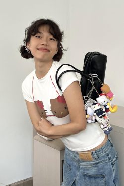 Korean Style Kitty-Themed Printed Short Sleeve Slim-Fit Cotton Top for Women - Sweet and Cool Age-Reducing Design