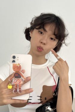 Korean Style Kitty-Themed Printed Short Sleeve Slim-Fit Cotton Top for Women - Sweet and Cool Age-Reducing Design