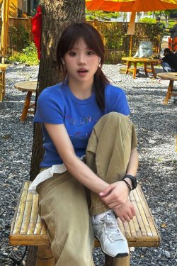 Korean Style Knitted Short Sleeve Slim Fit T-Shirt with Letter Embroidery - Blue Cropped College Style for Summer