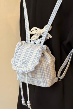 Korean-Style Lace Checkered Mini Backpack with Ruffles | 2025 New Double-Shoulder Fluffy Bag for Niche Fashion