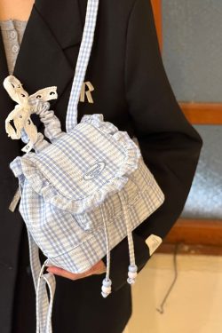 Korean-Style Lace Checkered Mini Backpack with Ruffles | 2025 New Double-Shoulder Fluffy Bag for Niche Fashion