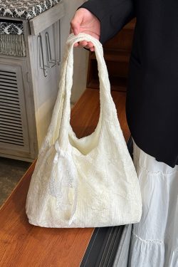 Korean-Style Lace Flower Canvas Tote Bag for Women, 2025 Large Capacity Shoulder Bag for Commuting and Everyday Use