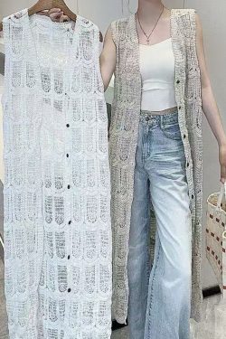 Korean-Style Lace Hollow Knitted Cardigan for Women - Vintage Versatile Long Vest Top for Vacation and Everyday Wear