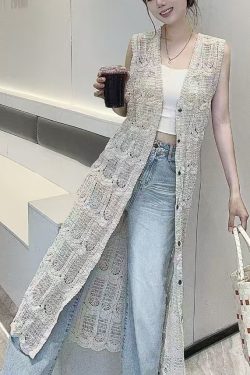 Korean-Style Lace Hollow Knitted Cardigan for Women - Vintage Versatile Long Vest Top for Vacation and Everyday Wear