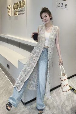 Korean-Style Lace Hollow Knitted Cardigan for Women - Vintage Versatile Long Vest Top for Vacation and Everyday Wear