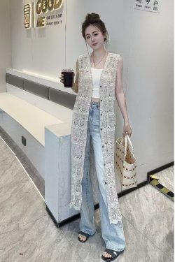 Korean-Style Lace Hollow Knitted Cardigan for Women - Vintage Versatile Long Vest Top for Vacation and Everyday Wear