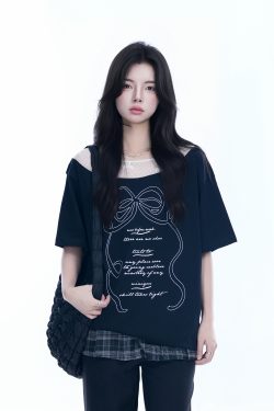 Korean-Style Lace Spliced Off-Shoulder Short Sleeve T-Shirt for Women – Loose Fit, Sweet Design, Perfect for Casual Y2K Fashion