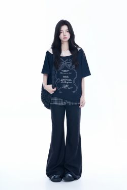 Korean-Style Lace Spliced Off-Shoulder Short Sleeve T-Shirt for Women – Loose Fit, Sweet Design, Perfect for Casual Y2K Fashion