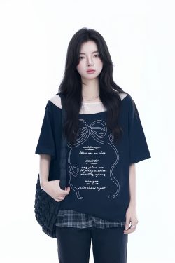 Korean-Style Lace Spliced Off-Shoulder Short Sleeve T-Shirt for Women – Loose Fit, Sweet Design, Perfect for Casual Y2K Fashion
