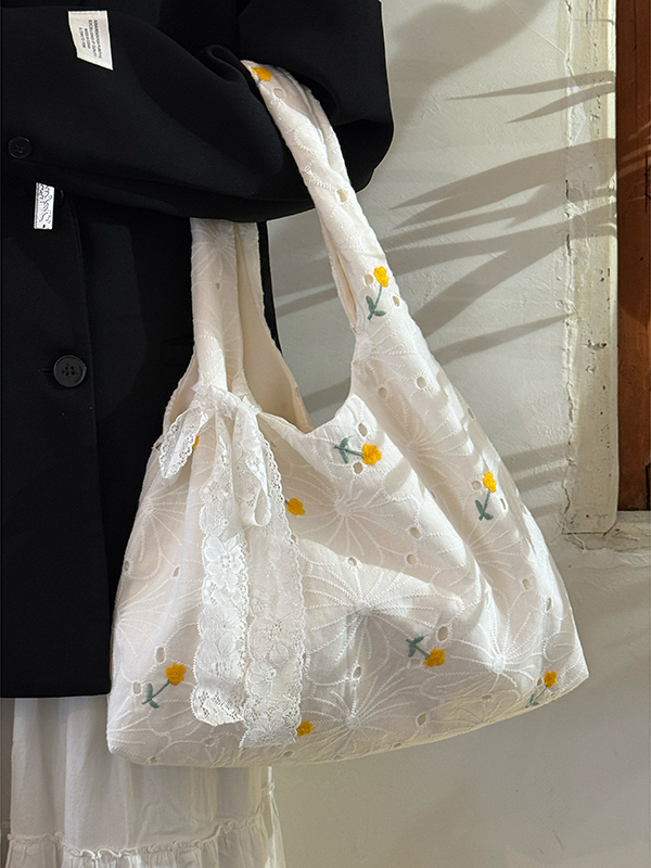 Korean-Style Large-Capacity Daisy Lace Flower Canvas Tote Bag for Women - Chic Commuting Underarm Shoulder Bag Korean-Style Large-Capacity Daisy Lace Flower Canvas Tote Bag for Women - Chic Commuting Underarm Shoulder Bag