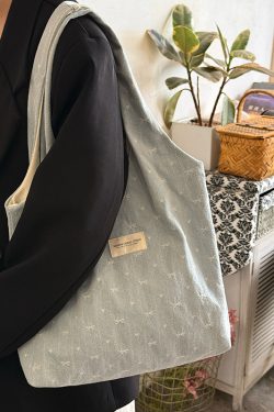 Korean Style Large Capacity Denim Canvas Tote Bag with Embroidery - Perfect Commuting Shoulder Bag for Students