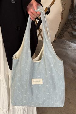 Korean Style Large Capacity Denim Canvas Tote Bag with Embroidery - Perfect Commuting Shoulder Bag for Students