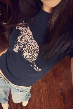 Korean Style Leopard Print Slim Fit Short Sleeve T-Shirt for Women - 25SS Pure Cotton Round Neck Top