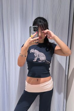 Korean Style Leopard Print Slim Fit Short Sleeve T-Shirt for Women - 25SS Pure Cotton Round Neck Top