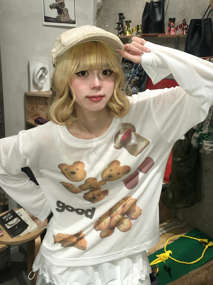 Korean Style Long Sleeve T-Shirt for Women - Spring Bear Dessert Print, Thin Sun Protection Cover-Up, Loose Casual Top Korean Style Long Sleeve T-Shirt for Women - Spring Bear Dessert Print, Thin Sun Protection Cover-Up, Loose Casual Top