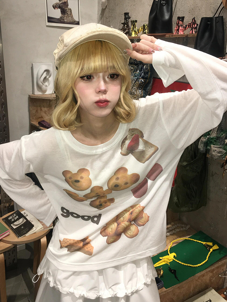 Korean Style Long Sleeve T-Shirt for Women - Spring Bear Dessert Print, Thin Sun Protection Cover-Up, Loose Casual Top Korean Style Long Sleeve T-Shirt for Women - Spring Bear Dessert Print, Thin Sun Protection Cover-Up, Loose Casual Top
