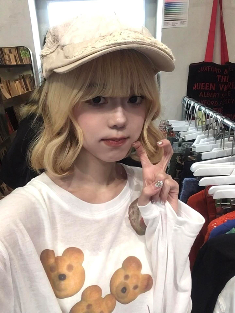 Korean Style Long Sleeve T-Shirt for Women - Spring Bear Dessert Print, Thin Sun Protection Cover-Up, Loose Casual Top Korean Style Long Sleeve T-Shirt for Women - Spring Bear Dessert Print, Thin Sun Protection Cover-Up, Loose Casual Top