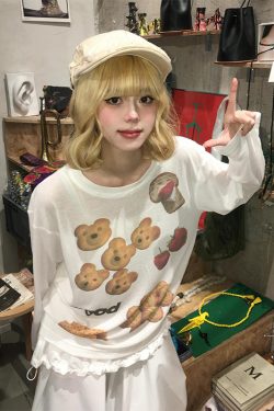 Korean Style Long Sleeve T-Shirt for Women - Spring Bear Dessert Print, Thin Sun Protection Cover-Up, Loose Casual Top