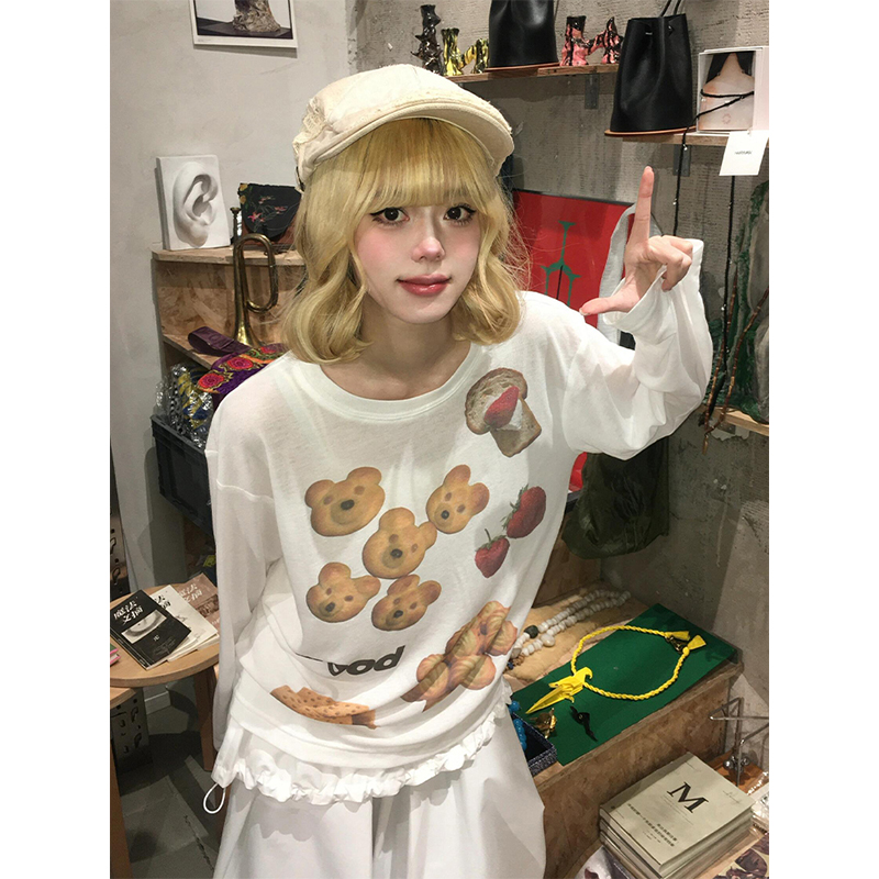 Korean Style Long Sleeve T-Shirt for Women - Spring Bear Dessert Print, Thin Sun Protection Cover-Up, Loose Casual Top Korean Style Long Sleeve T-Shirt for Women - Spring Bear Dessert Print, Thin Sun Protection Cover-Up, Loose Casual Top