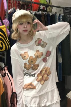 Korean Style Long Sleeve T-Shirt for Women - Spring Bear Dessert Print, Thin Sun Protection Cover-Up, Loose Casual Top