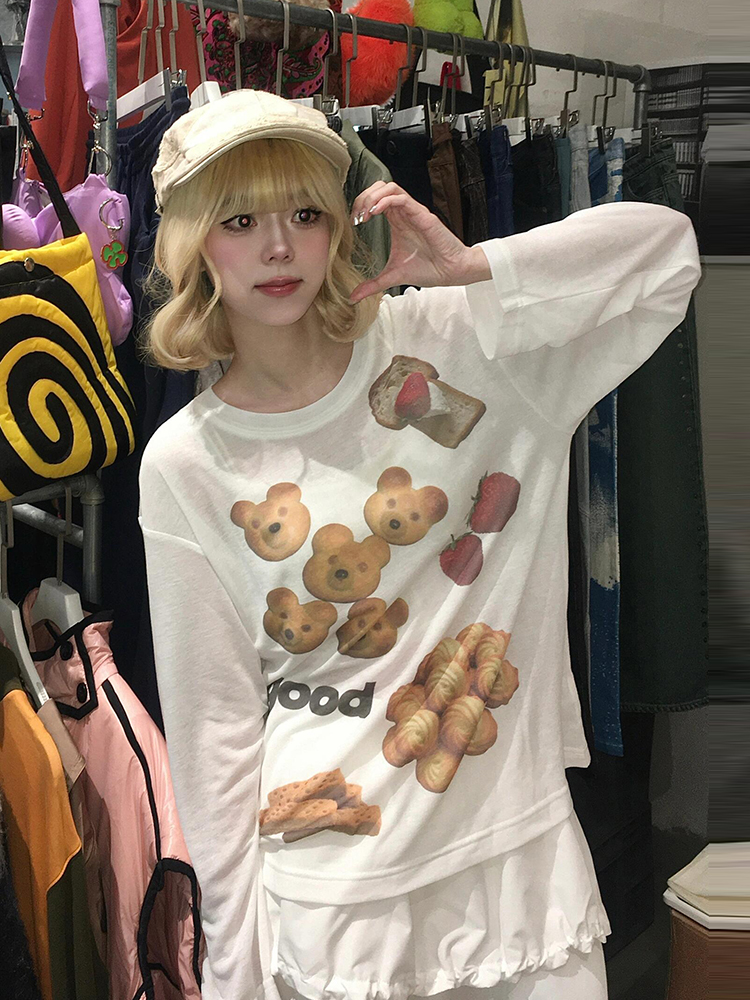 Korean Style Long Sleeve T-Shirt for Women - Spring Bear Dessert Print, Thin Sun Protection Cover-Up, Loose Casual Top Korean Style Long Sleeve T-Shirt for Women - Spring Bear Dessert Print, Thin Sun Protection Cover-Up, Loose Casual Top
