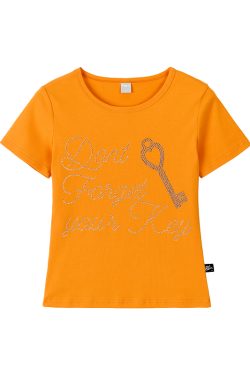 Korean-Style Love Key Rhinestone Short Sleeve Top for Women - Casual Cool Regular Fit Fashion Tee