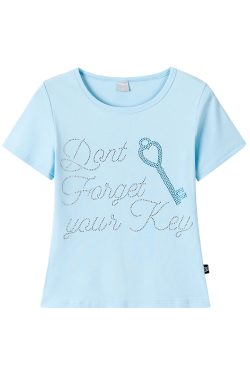 Korean-Style Love Key Rhinestone Short Sleeve Top for Women - Casual Cool Regular Fit Fashion Tee