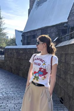 Korean Style Magical Witch Cartoon Print Short Sleeve Slim Fit High-Stretch Cotton T-Shirt for Women