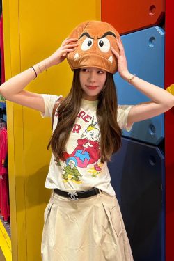 Korean Style Magical Witch Cartoon Print Short Sleeve Slim Fit High-Stretch Cotton T-Shirt for Women