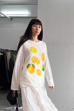 Korean Style Minimalist Clear Lemon Print Long Sleeve T-Shirt for Women - Casual Sun Protection Cotton Cover-Up