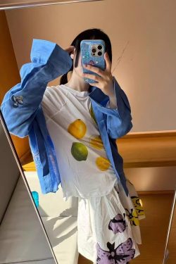Korean Style Minimalist Clear Lemon Print Long Sleeve T-Shirt for Women - Casual Sun Protection Cotton Cover-Up