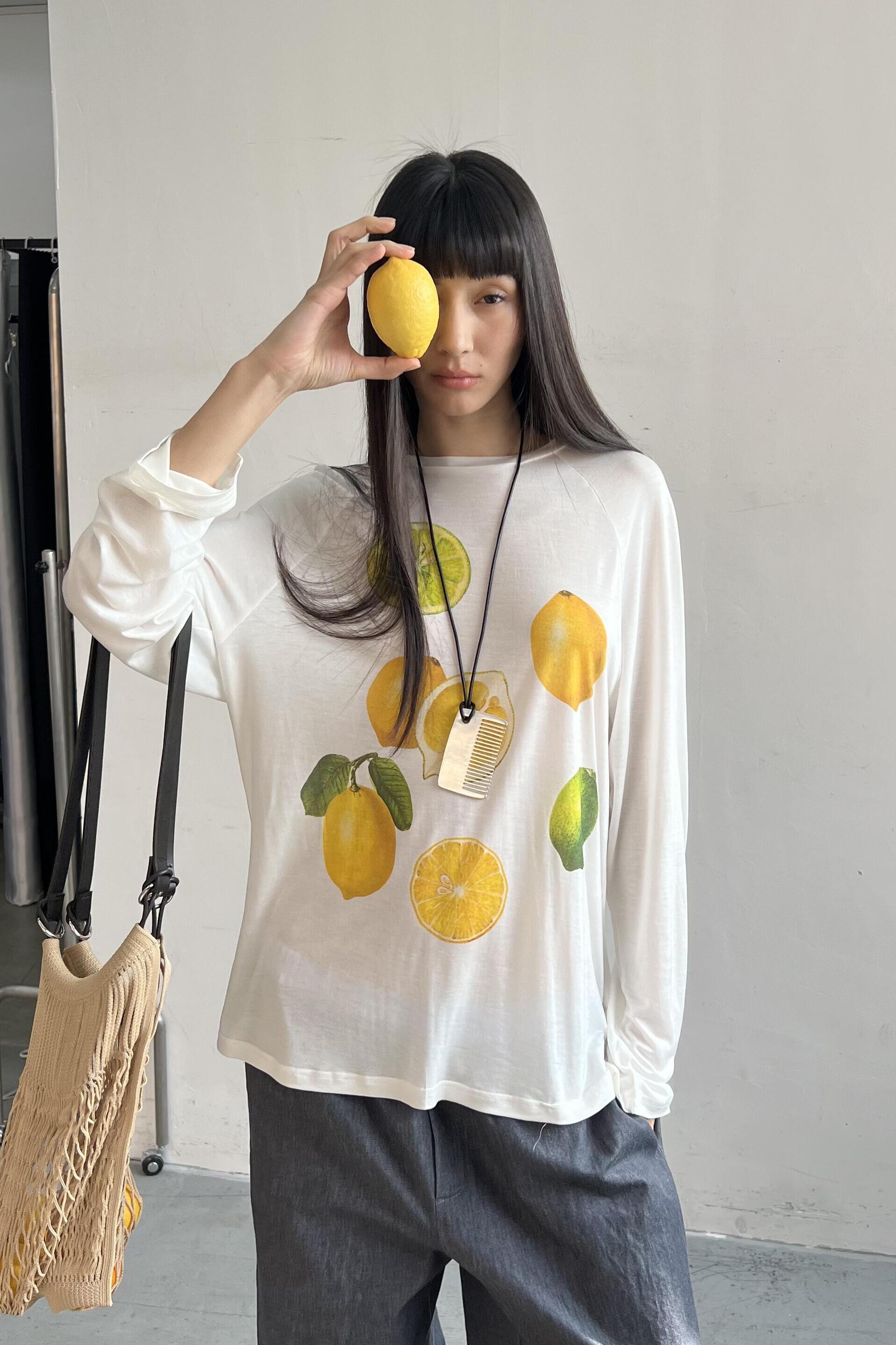 Korean Style Minimalist Clear Lemon Print Long Sleeve T-Shirt for Women - Casual Sun Protection Cotton Cover-Up