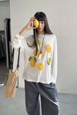 Korean Style Minimalist Clear Lemon Print Long Sleeve T-Shirt for Women - Casual Sun Protection Cotton Cover-Up