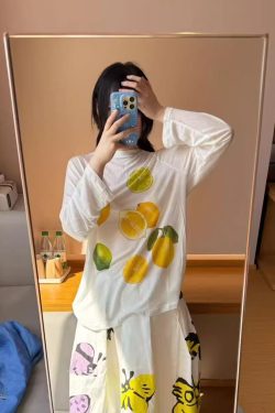 Korean Style Minimalist Clear Lemon Print Long Sleeve T-Shirt for Women - Casual Sun Protection Cotton Cover-Up