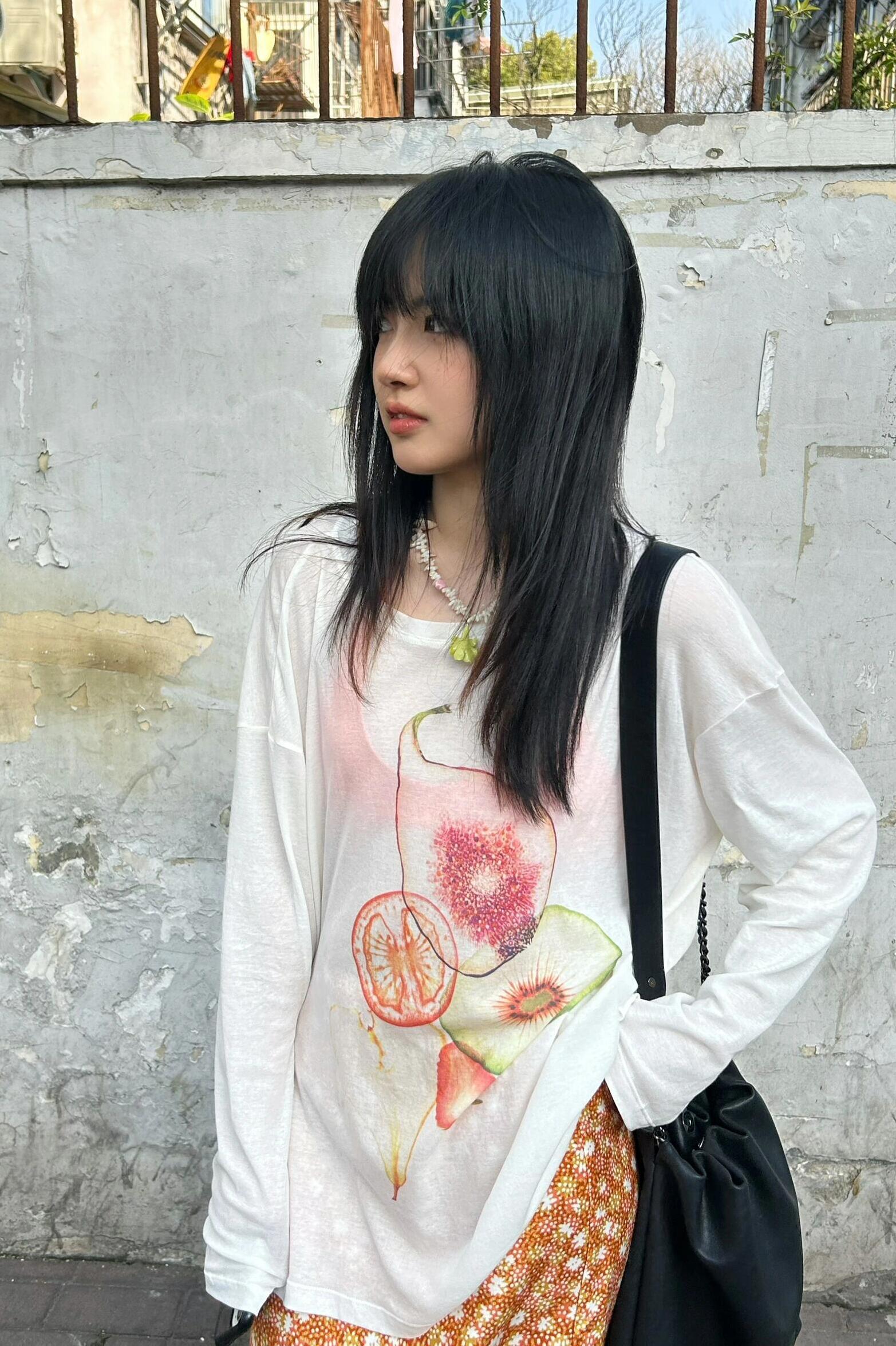 Korean Style Minimalist Fruit Slice Print Long Sleeve Sun Protection T-Shirt for Women - Lightweight Cotton Cover-Up