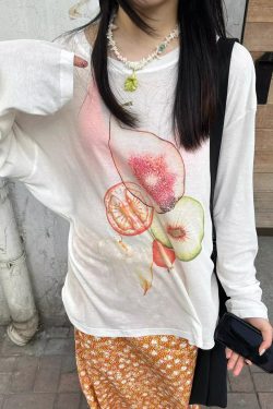 Korean Style Minimalist Fruit Slice Print Long Sleeve Sun Protection T-Shirt for Women - Lightweight Cotton Cover-Up