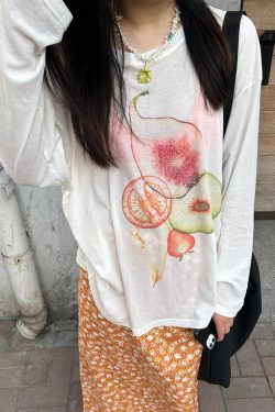 Korean Style Minimalist Fruit Slice Print Long Sleeve Sun Protection T-Shirt for Women - Lightweight Cotton Cover-Up