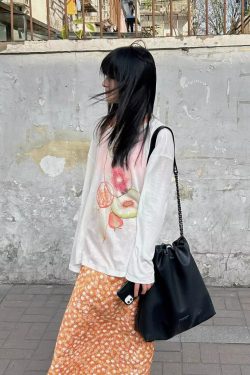 Korean Style Minimalist Fruit Slice Print Long Sleeve Sun Protection T-Shirt for Women - Lightweight Cotton Cover-Up