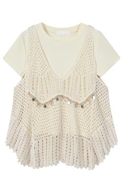 Korean-Style Minimalist Hollow Knit Cardigan and T-Shirt Two-Piece Set with Bohemian Fringe for Vacation Style