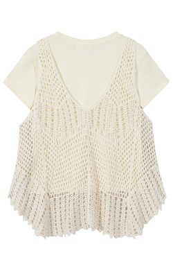 Korean-Style Minimalist Hollow Knit Cardigan and T-Shirt Two-Piece Set with Bohemian Fringe for Vacation Style