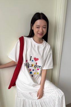 Korean Style Minimalist Polka Dot Color-Block Heart Print Short Sleeve Fitted Cotton T-Shirt for Women