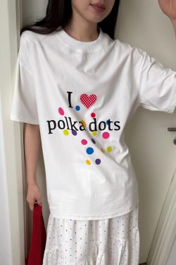 Korean Style Minimalist Polka Dot Color-Block Heart Print Short Sleeve Fitted Cotton T-Shirt for Women