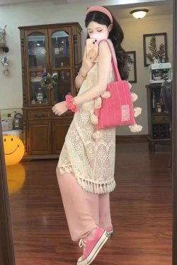 Korean-Style Multi-Color Tassel Shoulder Bag - Unique Artistic Striped Underarm Canvas Bag for Casual Outfits